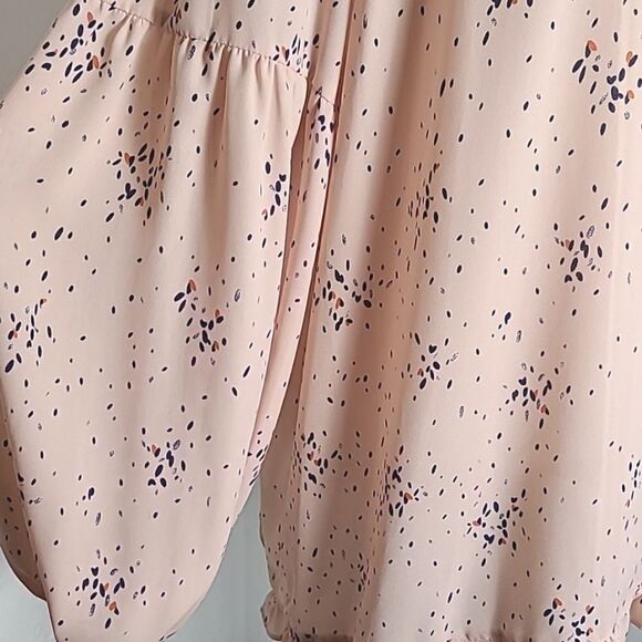 a.n.a. Light Pink Blouse, Splashes of Navy, Lace-up Neckline/Ruffles, Sz Large - Picture 7 of 11